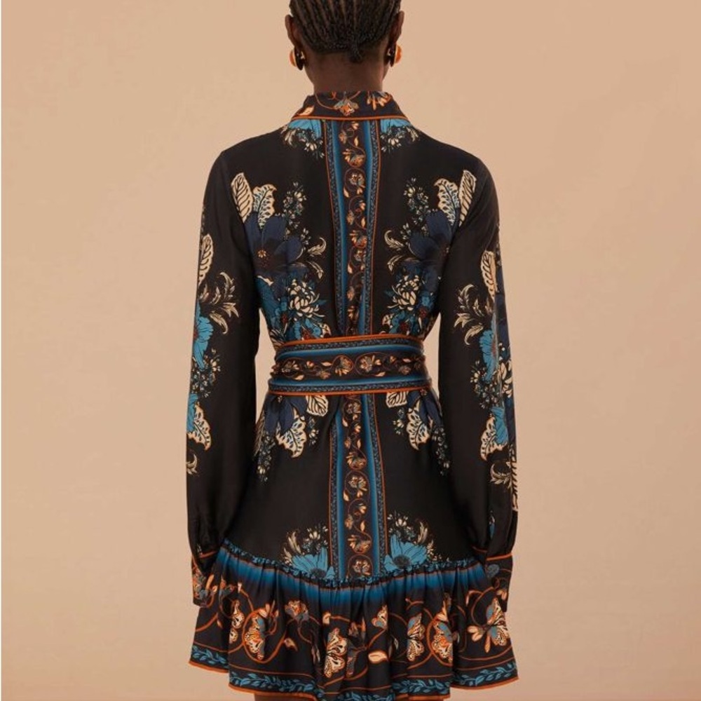 FARM Rio Black Floral Tie-Waist Mini Dress with Blue and Brown Accents NWT - Picture 2 of 4